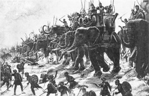 Carthaginian war elephants engage Roman infantry at the Battle of Zama (202 BC).